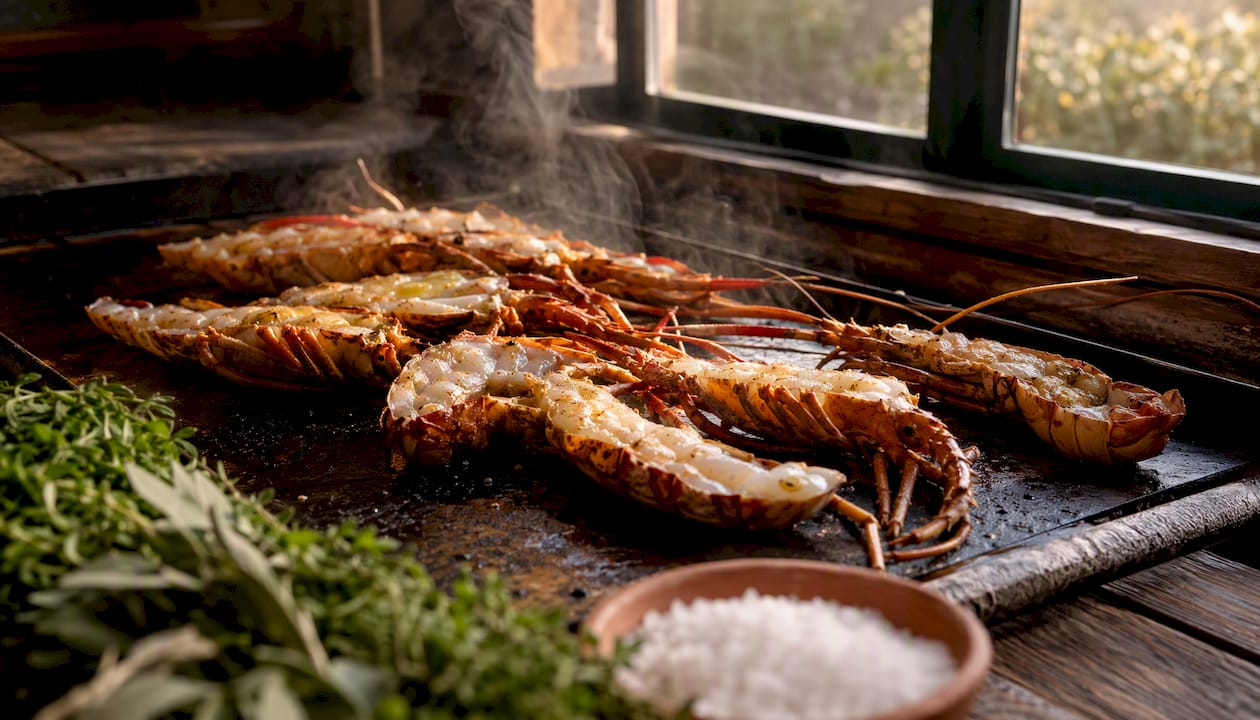 Langosta tails grilling on plancha