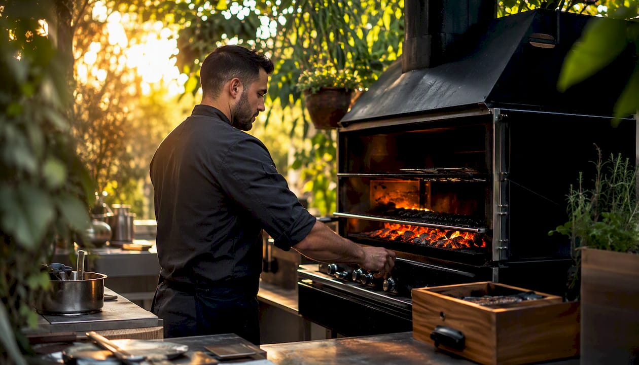 El chef regula el calor de la parrilla de carbón para lograr el punto perfecto.