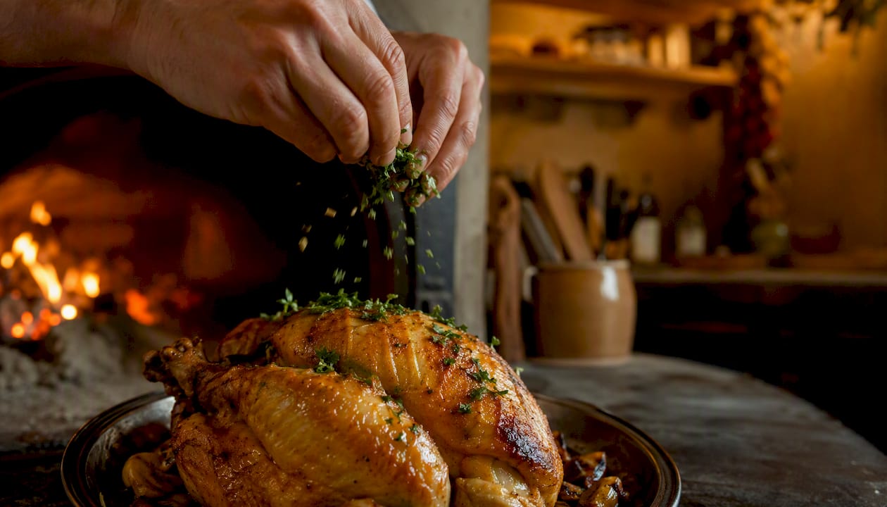 Un chef colocando el pollo a l’ast en el horno, listo para asarlo a la perfección.