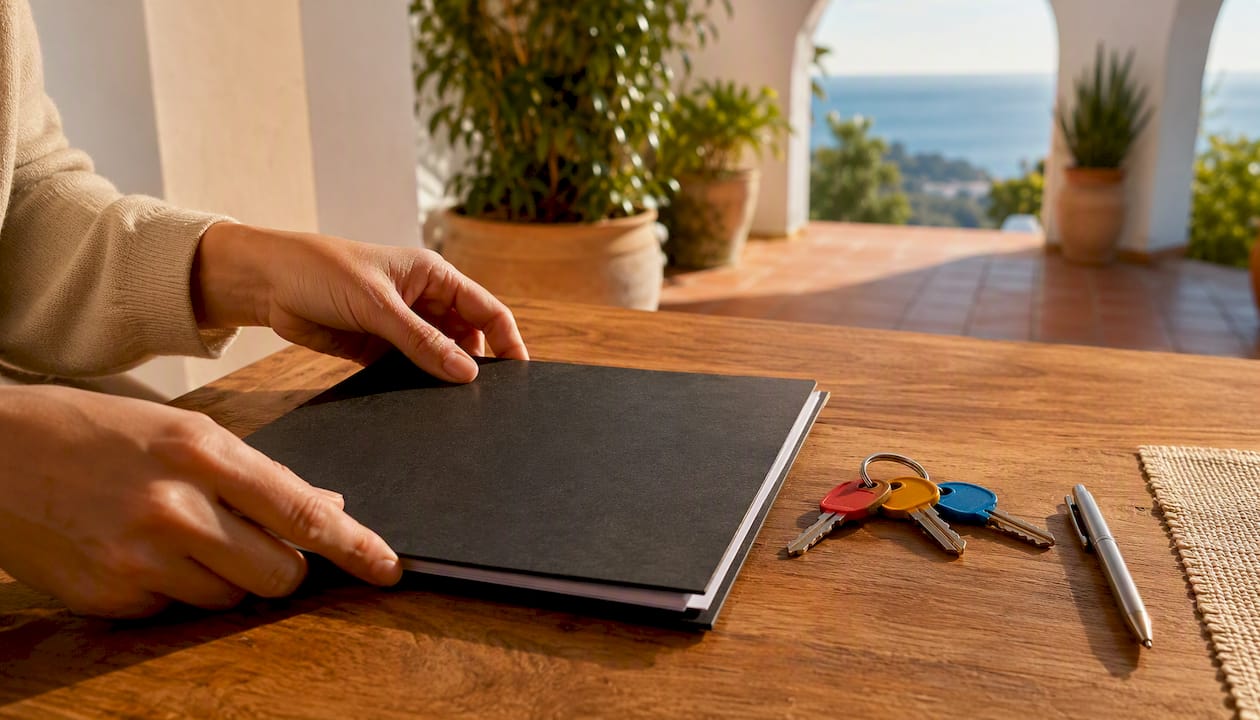 Hands with property deed folders and keys