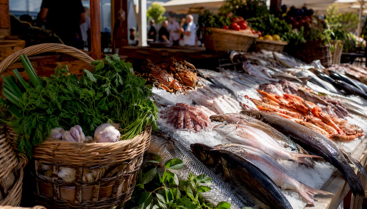 Fresh local seafood on ice at market