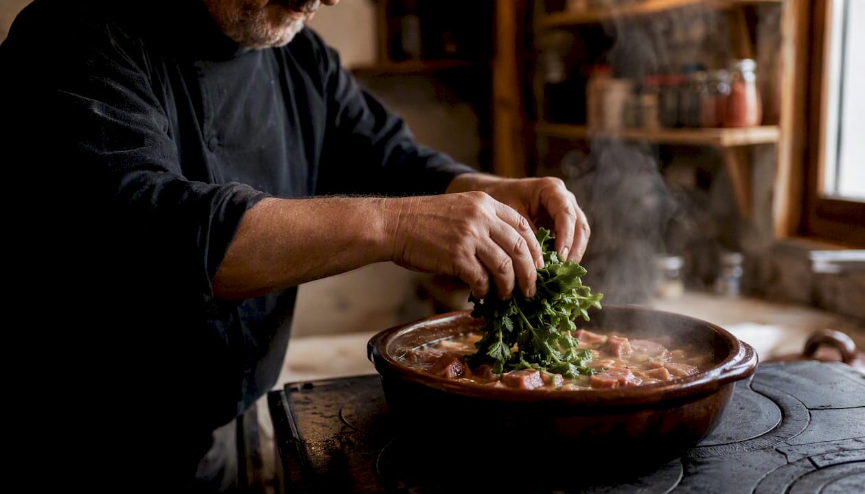 Añade los grelos a la olla del lacón y deja que se cocinen juntos para que tomen todo el sabor.