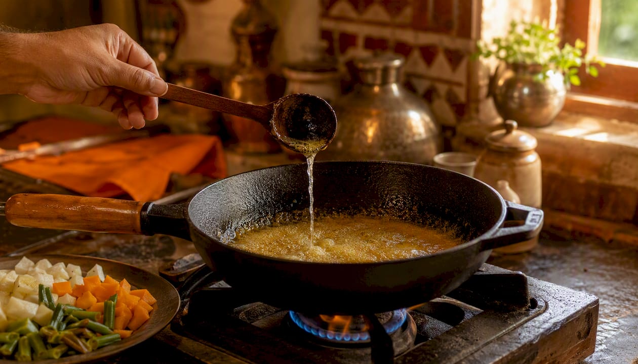 Una mano vertiendo ghee en una sartén bien caliente, lista para empezar a cocinar