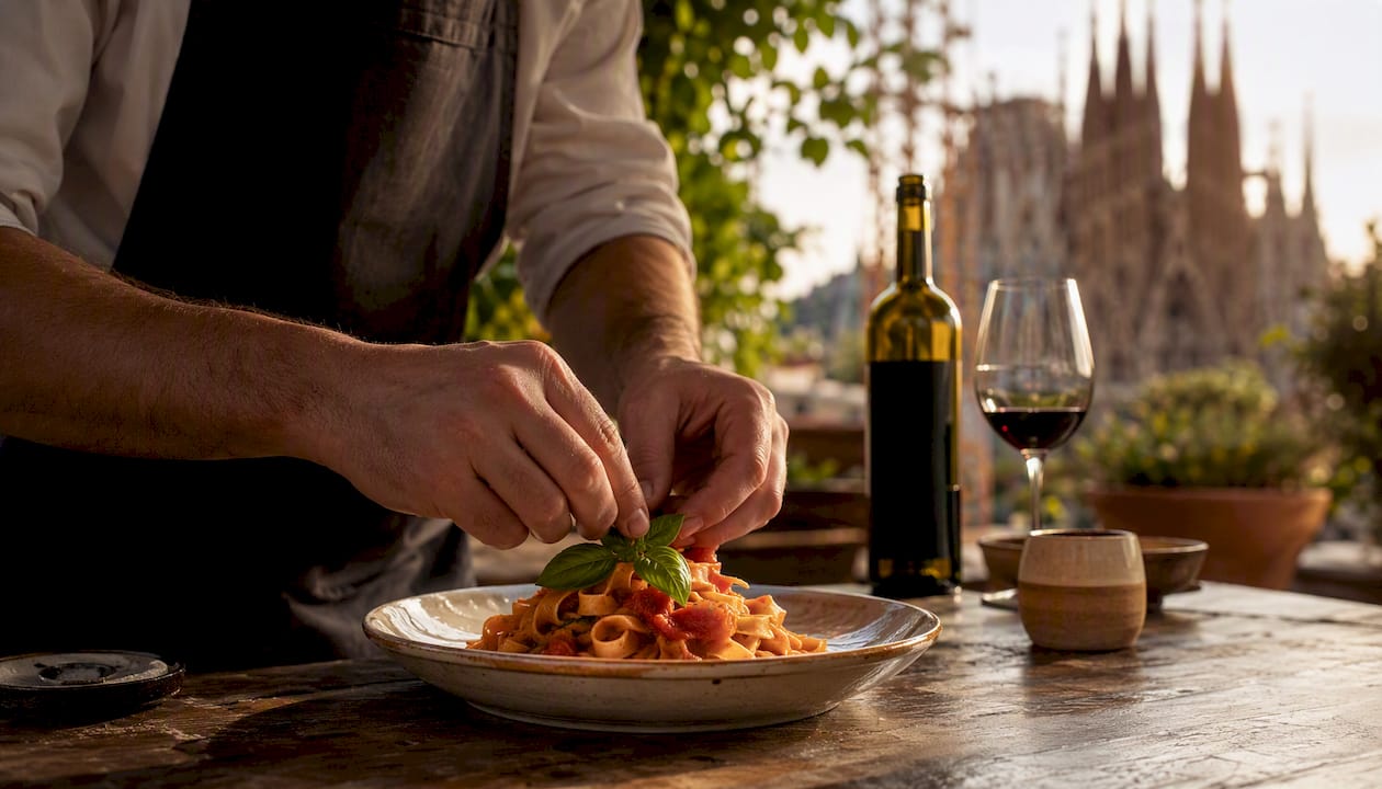 Unas manos sirven pasta fresca cuidadosamente en el plato en un restaurante.