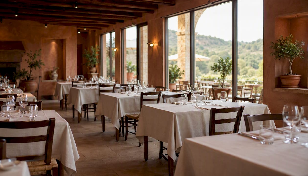Mesas de restaurante vacías iluminadas por la luz del día