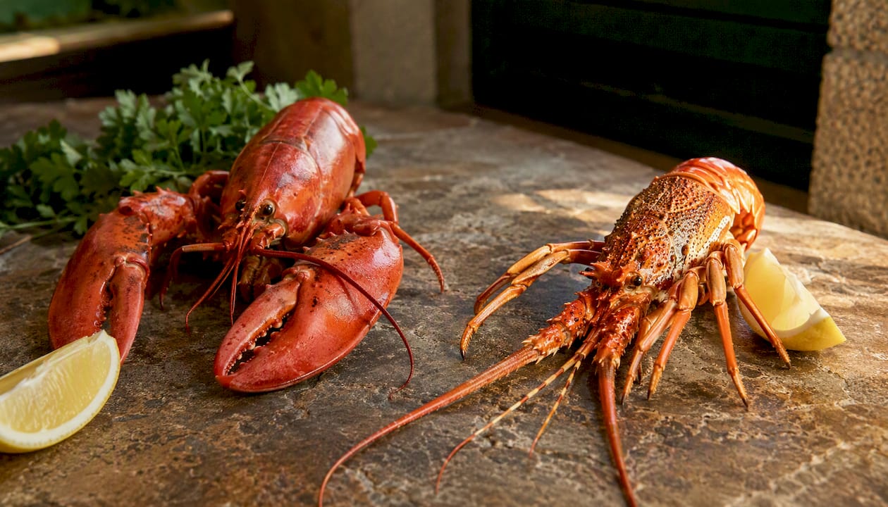 Cooked European clawed lobster beside spiny lobster