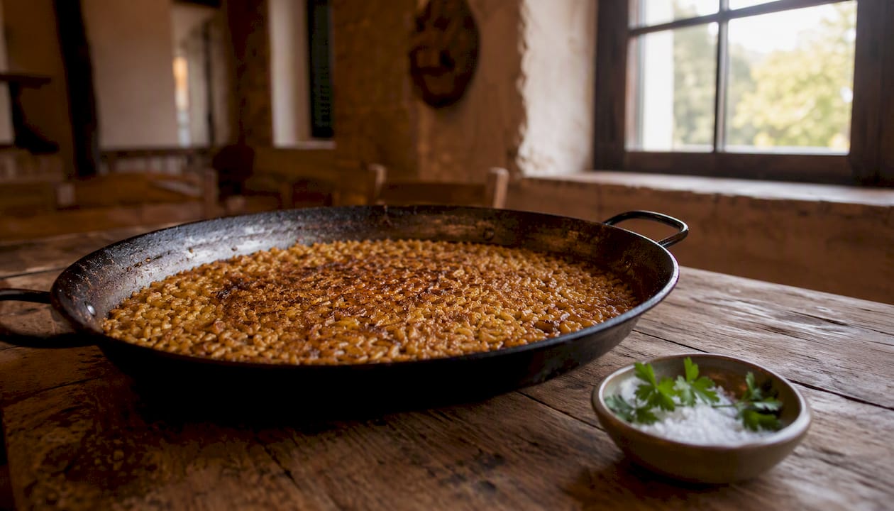 Close-up of crispy socarrat rice layer in pan