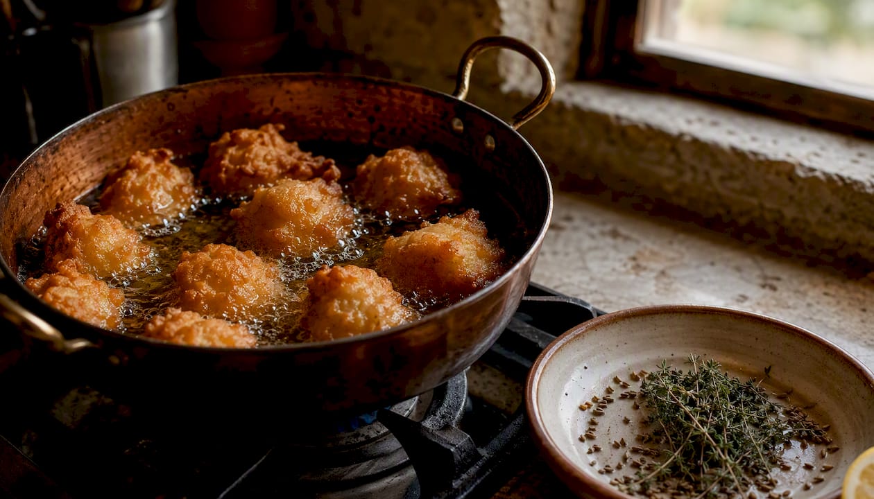 Buñuelos frying in pan with lemon and anise