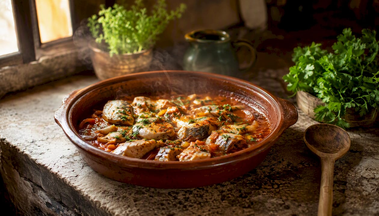 Conger eel tomato casserole cooking in pot