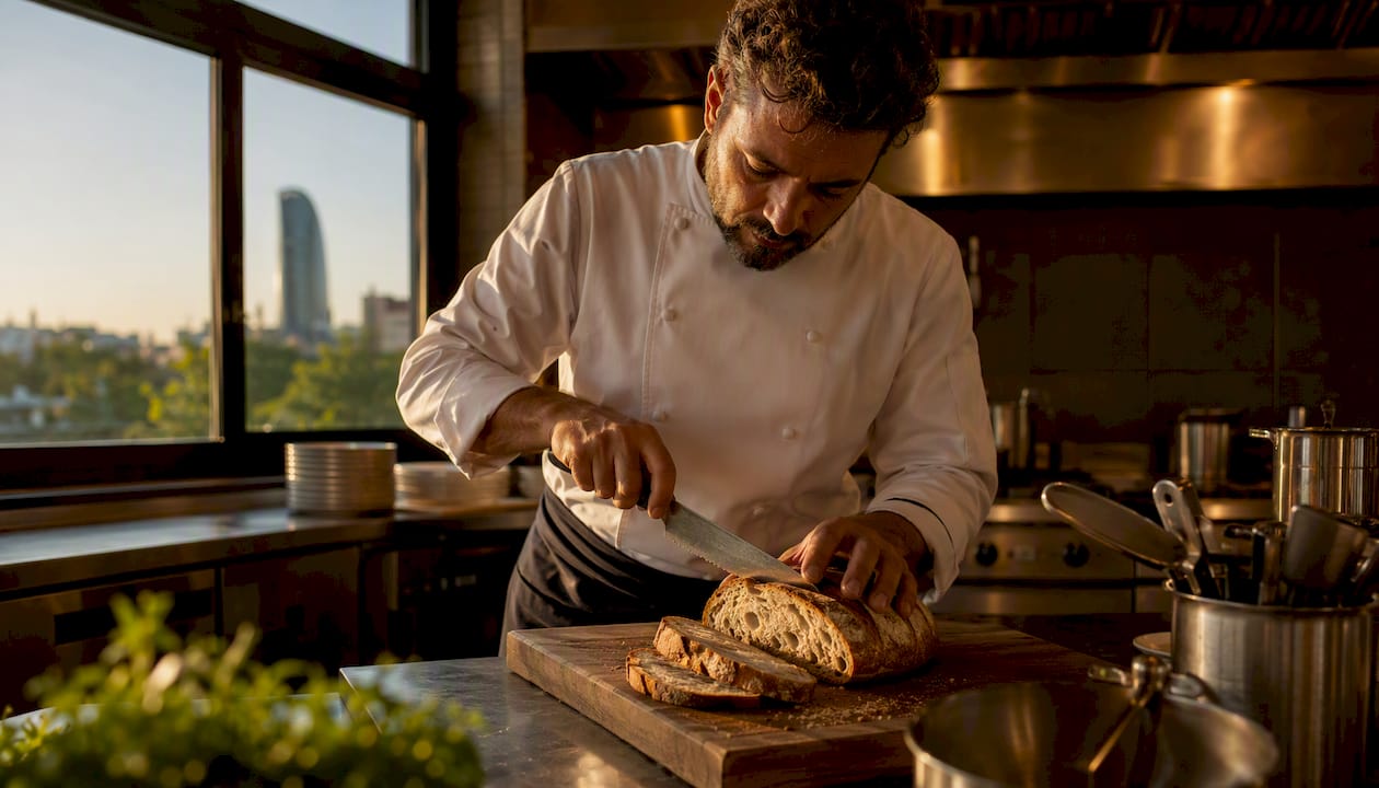 Un chef corta una hogaza de pan de masa madre en el restaurante, preparado para servirlo fresco a los comensales.