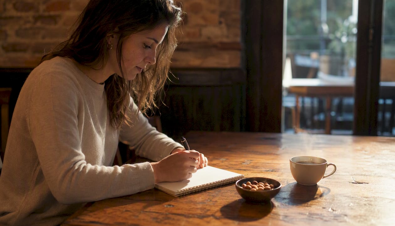 Escribiendo a mano un diario de síntomas sobre la mesa de madera.