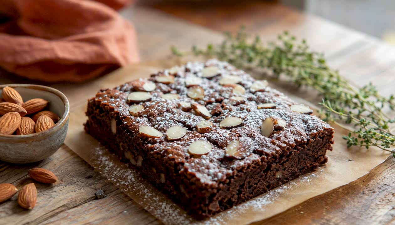 Detalle de un delicioso brownie de almendra sin gluten