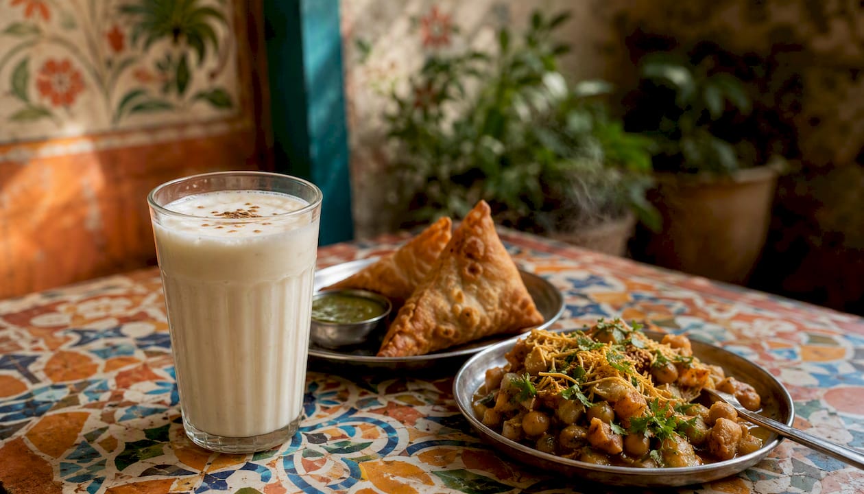 Un lassi salado acompañado de samosas y aperitivos chaat, una combinación perfecta para quienes disfrutan de los sabores auténticos de la India.