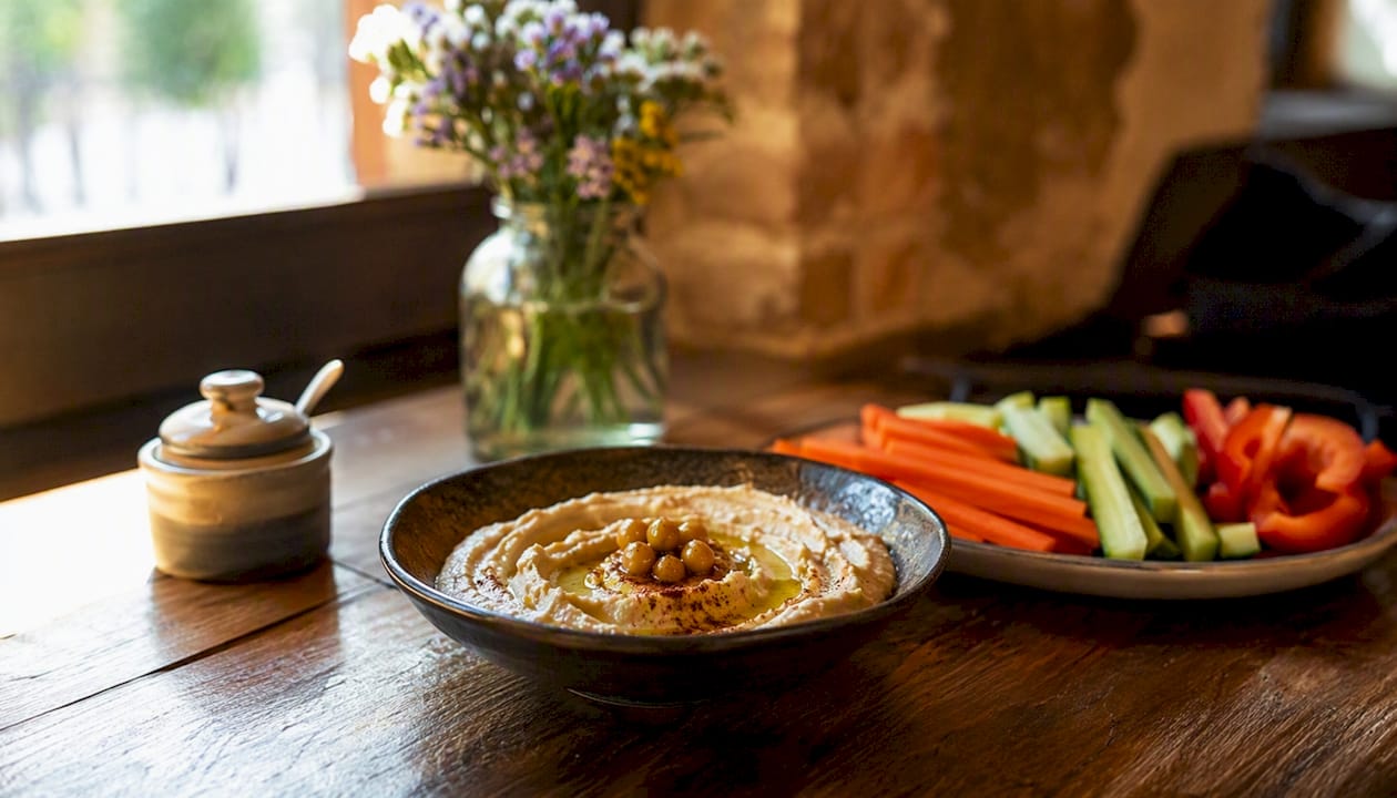 Hummus acompañado de palitos de verduras frescas