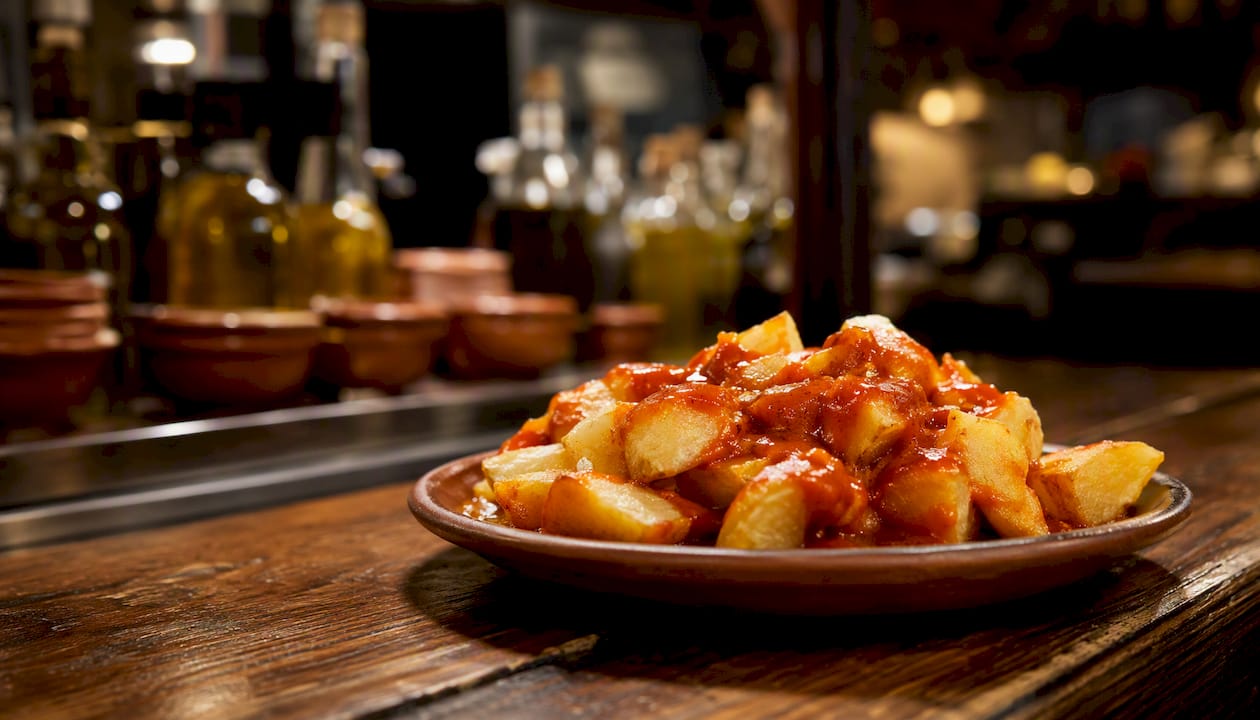Un plato de patatas bravas servido en un típico bar español, perfecto para acompañar una caña entre amigos.