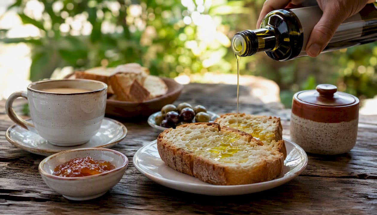 Desayuno típico español: unas buenas tostadas recién hechas con un chorrito de aceite de oliva.