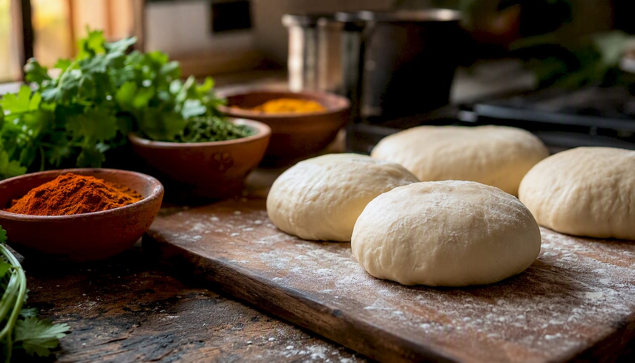 Bolas de masa de naan, listas para hornear, sobre una tabla de madera