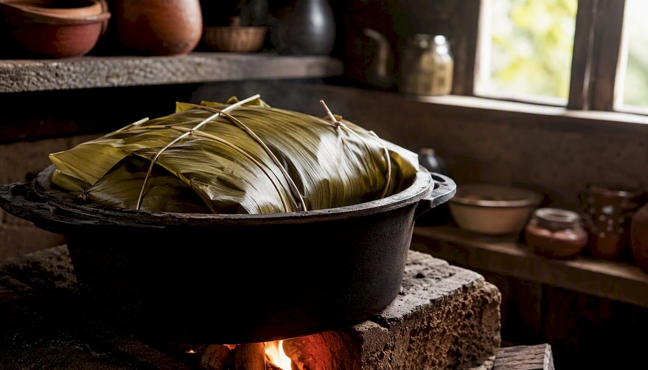 Cochinita pibil envuelta, cocinándose lentamente en el horno de casa