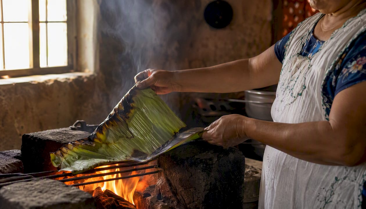 Hojas de plátano pasadas por el fuego de la estufa hasta que se ablandan