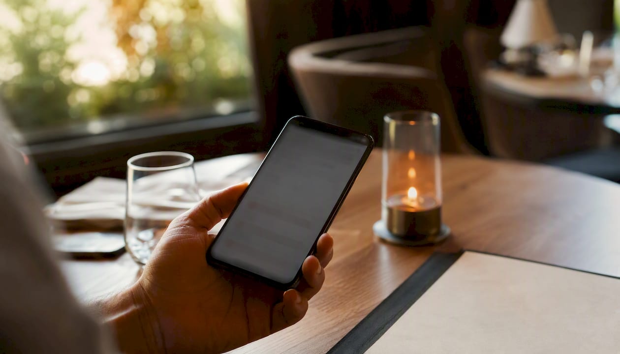 Persona usando el móvil para reservar una mesa en el restaurante
