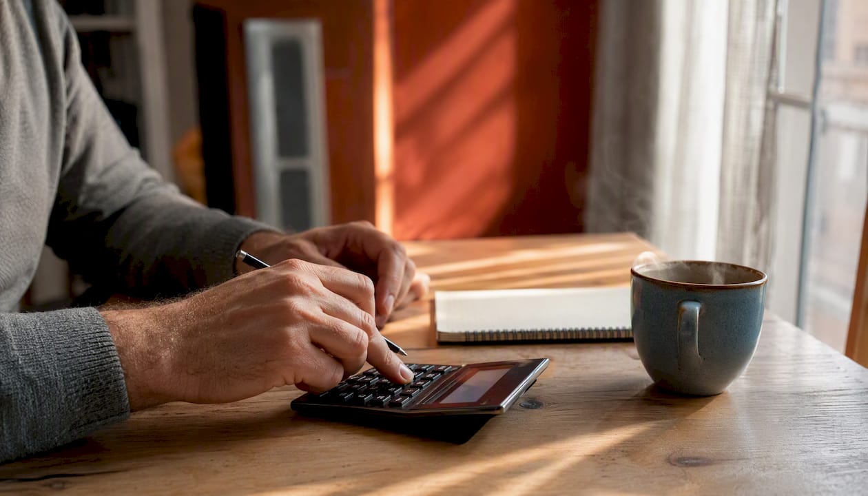 Persona revisando el cálculo del impuesto de plusvalía con la calculadora en mano y una taza de café al lado.