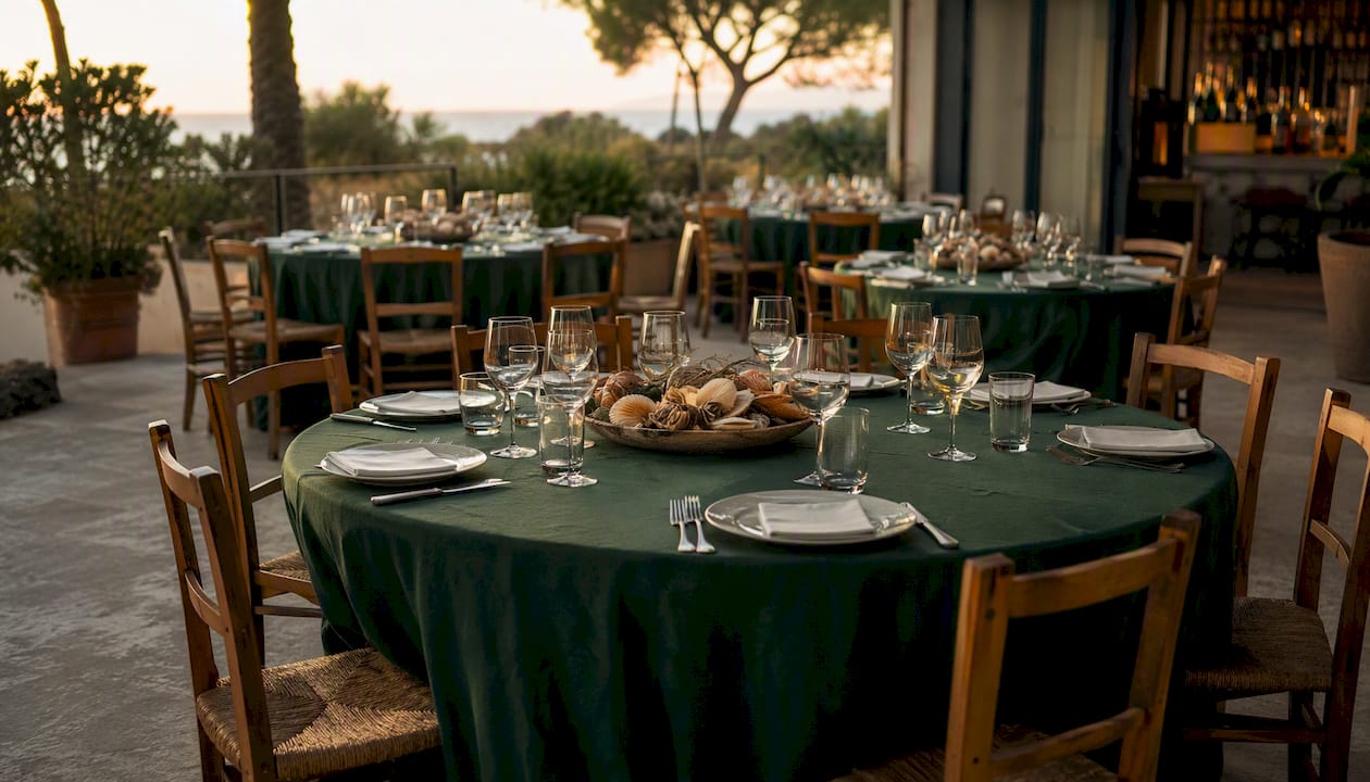 Corporate dining layout with round tables spacing