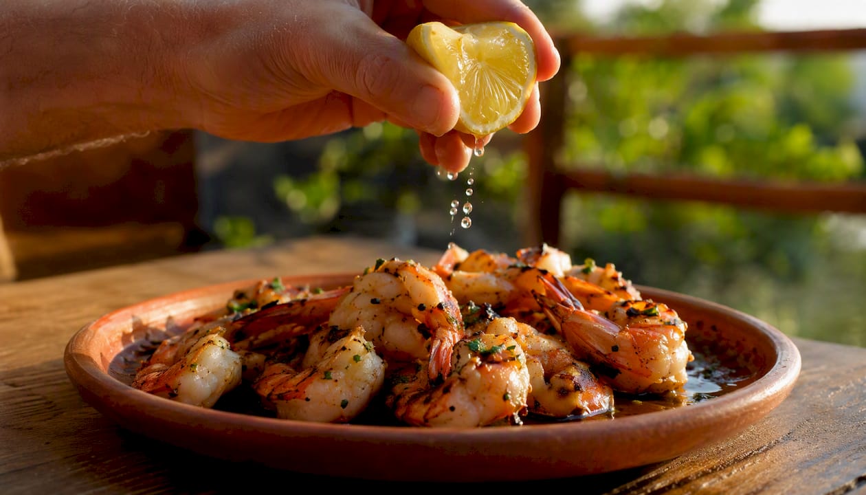 Unas manos exprimiendo un limón sobre unas gambas a la parrilla, añadiendo ese toque cítrico que realza su sabor.