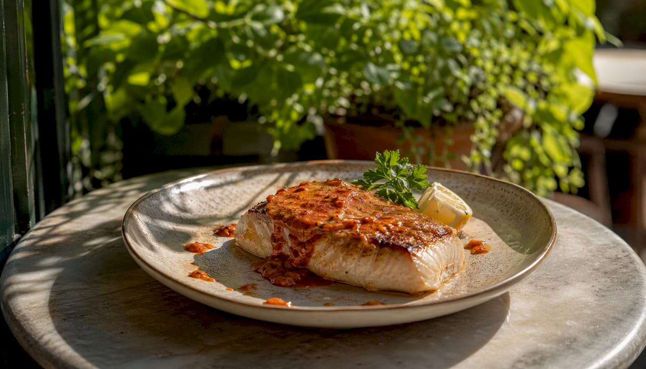 Pan-seared fish fillet topped with romesco sauce