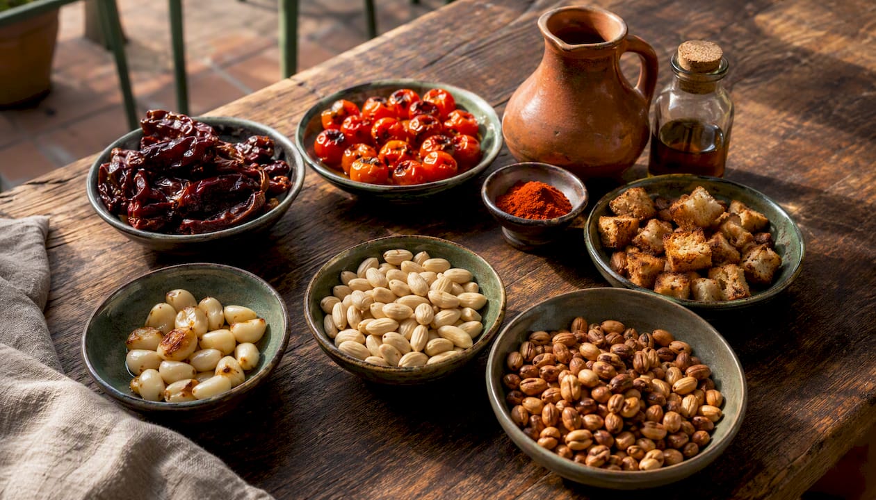 Ingredients for romesco sauce on wood table