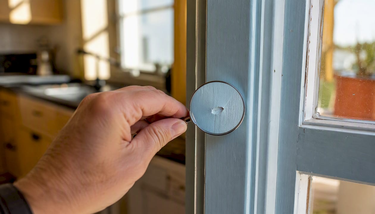 Magnifier inspecting door frame crack