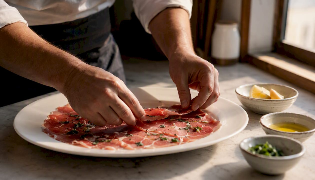 El chef coloca cuidadosamente las finas láminas de carpaccio sobre la tabla.