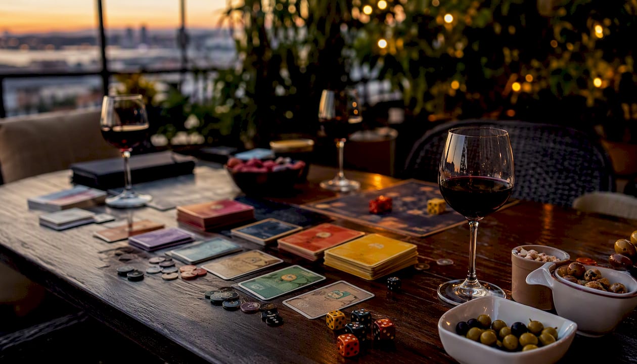 Cartas y fichas de juego sobre una mesa de madera