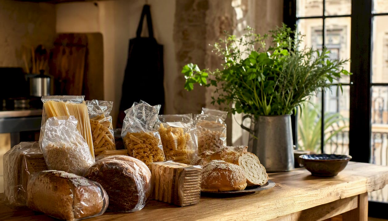 Selección de alimentos envasados sin gluten a la vista