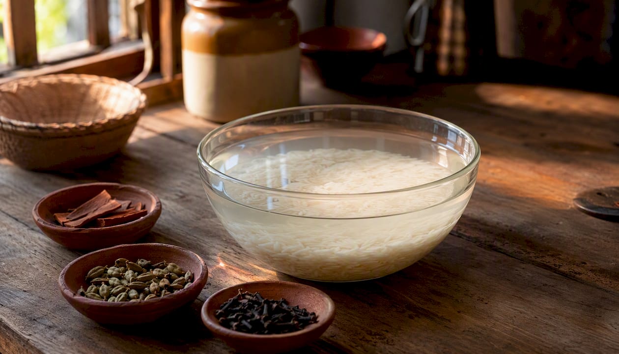 Arroz basmati en remojo, acompañado de especias al lado