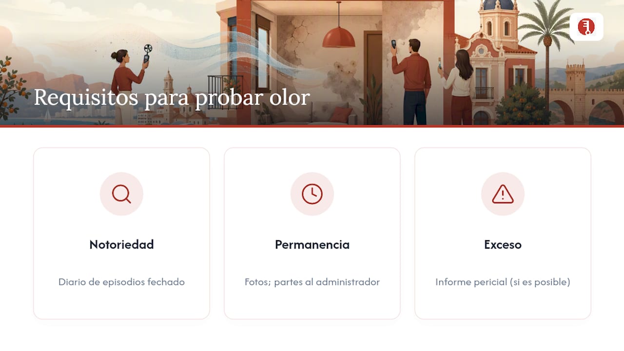 Esquema que recoge los requisitos legales y las pruebas necesarias para demostrar molestias por malos olores