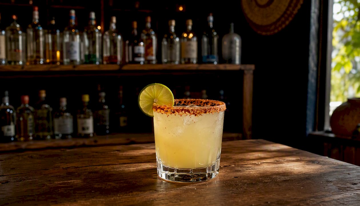Copa de margarita con el borde escarchado en Tajín