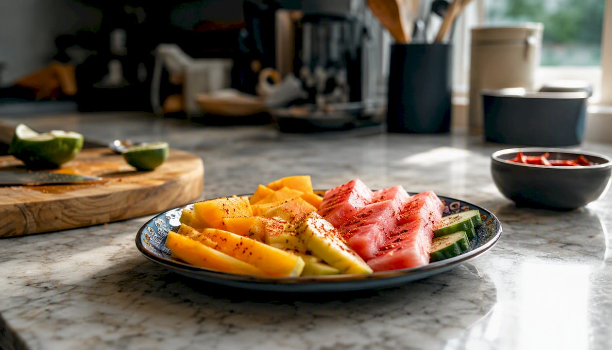 Rebanadas de fruta fresca con un toque de Tajín