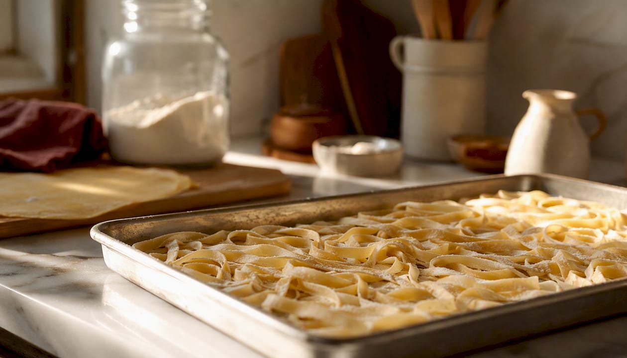 La pasta fresca reposando en una bandeja, lista para llevar al congelador.