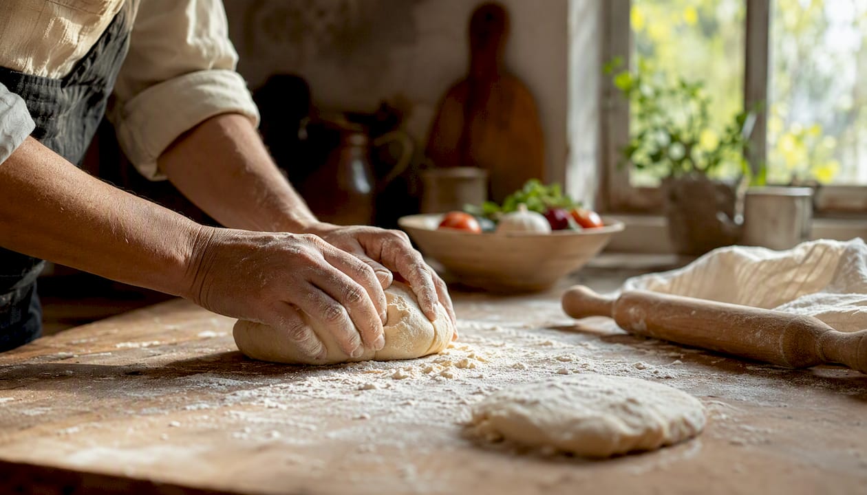 Unas manos trabajan la masa fresca de pasta sobre una mesa de madera.