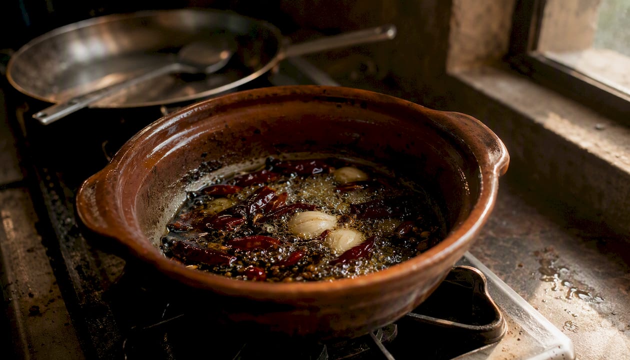 Chiles secos y ajos dorándose en aceite