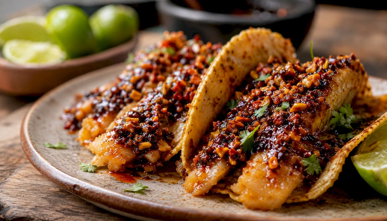 Tacos servidos con salsa macha por encima, listos para disfrutar en el plato.