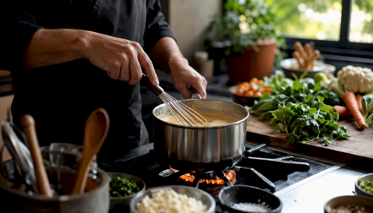 Un chef batiendo una salsa cremosa vegana