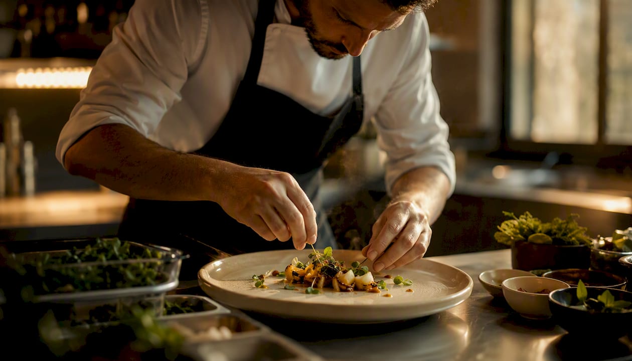 El chef está emplatando un plato especial sin lactosa en la cocina.