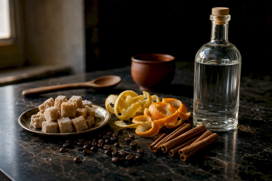 Variedad de ingredientes para preparar la queimada sobre una mesa de madera