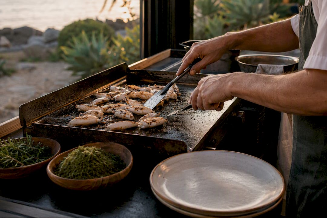 Grilled squid tubes cooking on plancha grill