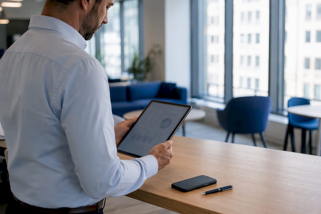 Une personne consulte les indicateurs de performance sur une tablette.