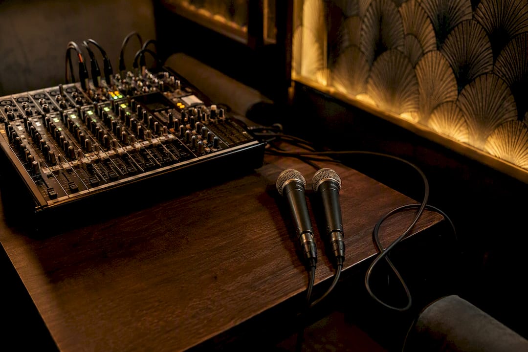 Mezclador de audio para karaoke con micrófonos con cable