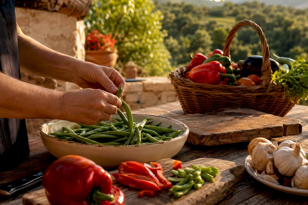 Manos seleccionando y preparando ingredientes frescos de temporada para una paella auténtica.