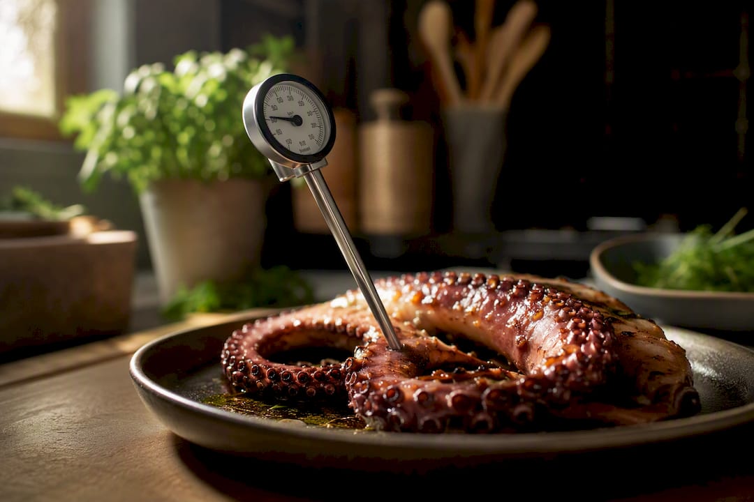 Termómetro de cocina colocado en el marisco ya cocido