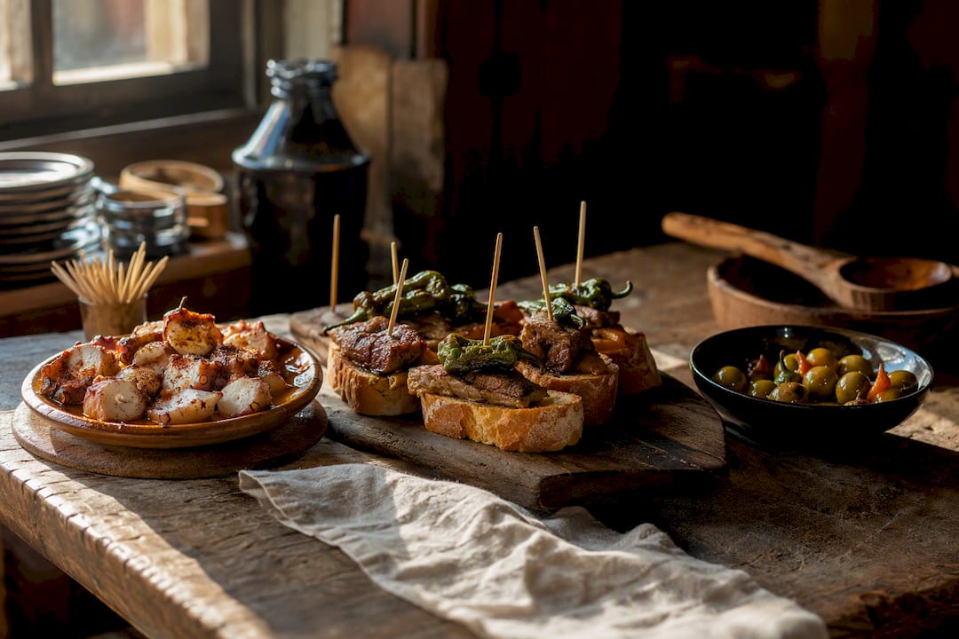 Tapas, pinchos y raciones sobre mesa de madera